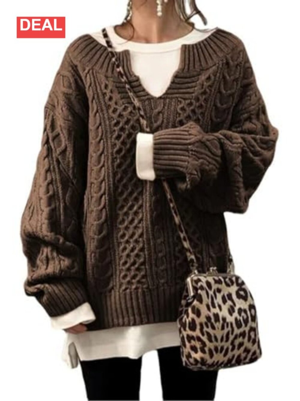 Women's Chunky Cable Knit V Neck Long Sleeve Loose Sweater Pullover